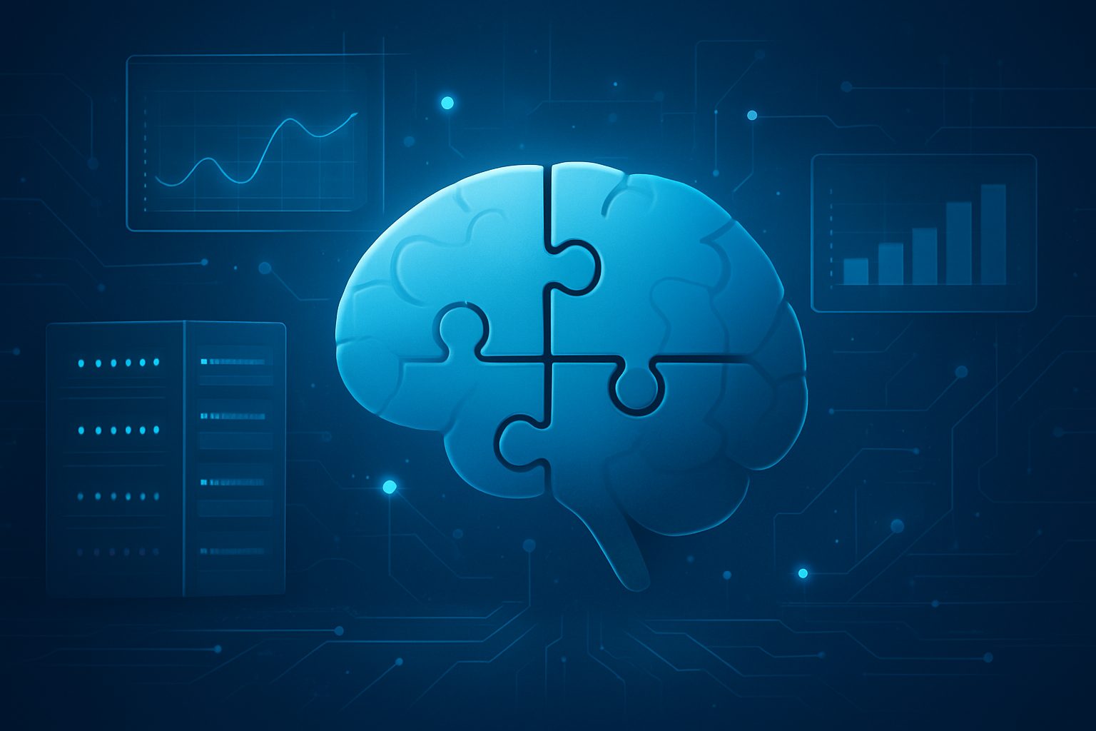 Illustration of a brain made of puzzle pieces with data visualizations in the background